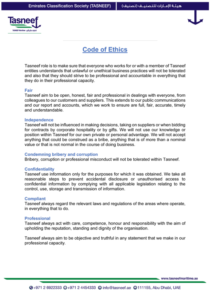 Code Of Ethics TASNEEF Maritime Services code-of-ethics-tasneef-maritime-services